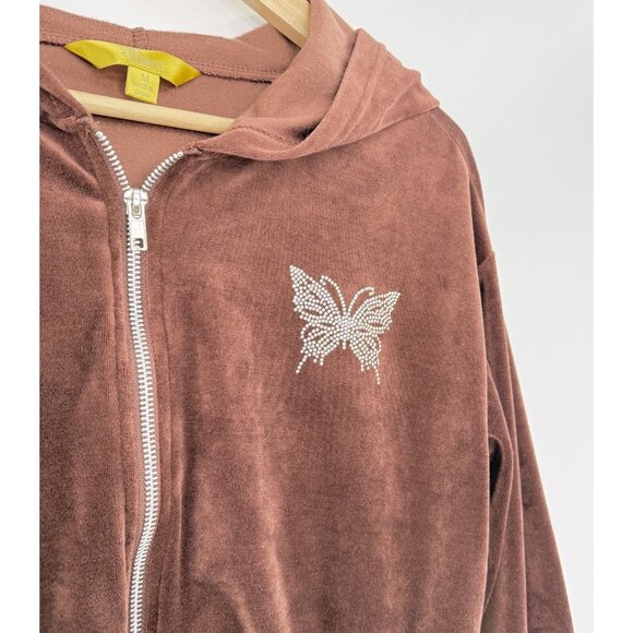 Cult Favorite Hoodie Velour Zip Up Butterfly Rhinestone Jacket Sz M Y2K Hipster - Picture 3 of 11